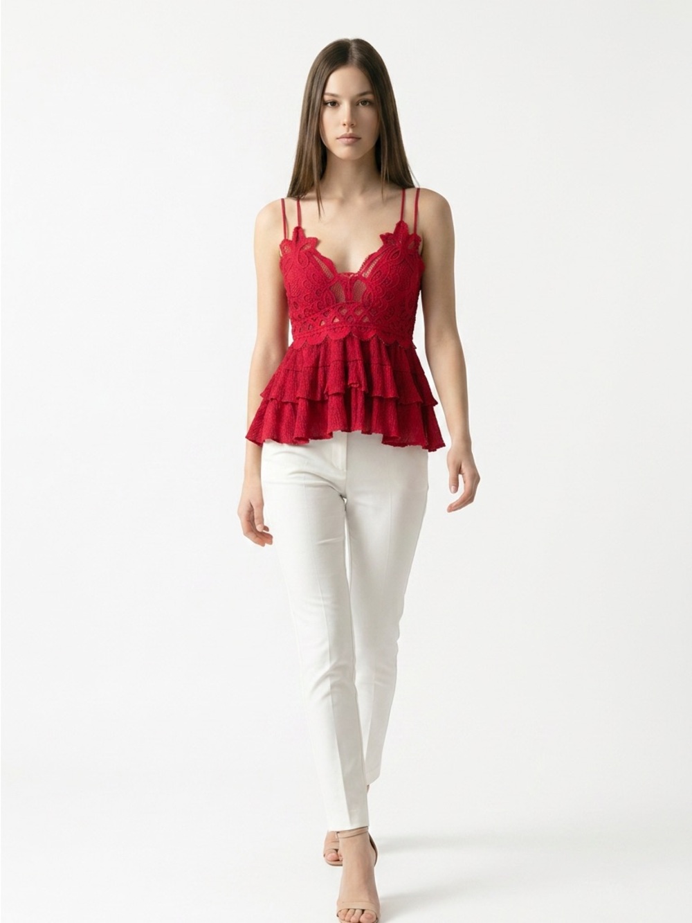 Red Lace Ruffled Camisole Top